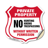 Private Property Shield Sign No Hunting Hiking Trespassing Without Written Permission