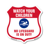 Pool Safety Shield Sign Attention Watch Your Children No Lifeguard On Duty