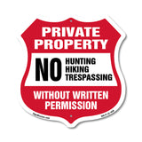 Private Property Shield Sign No Hunting Fishing Trespassing Without Written Permission