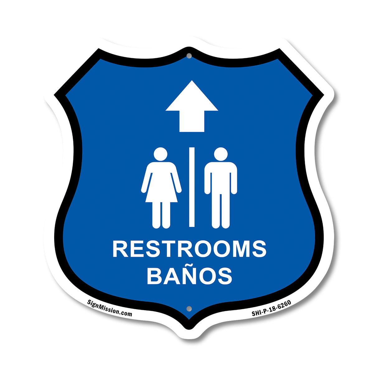 Restrooms Baños Up Arrow Bilingual English / Spanish