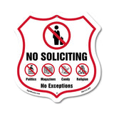No Soliciting Shield Sign No Politics Magazines Candy Religion No Exceptions