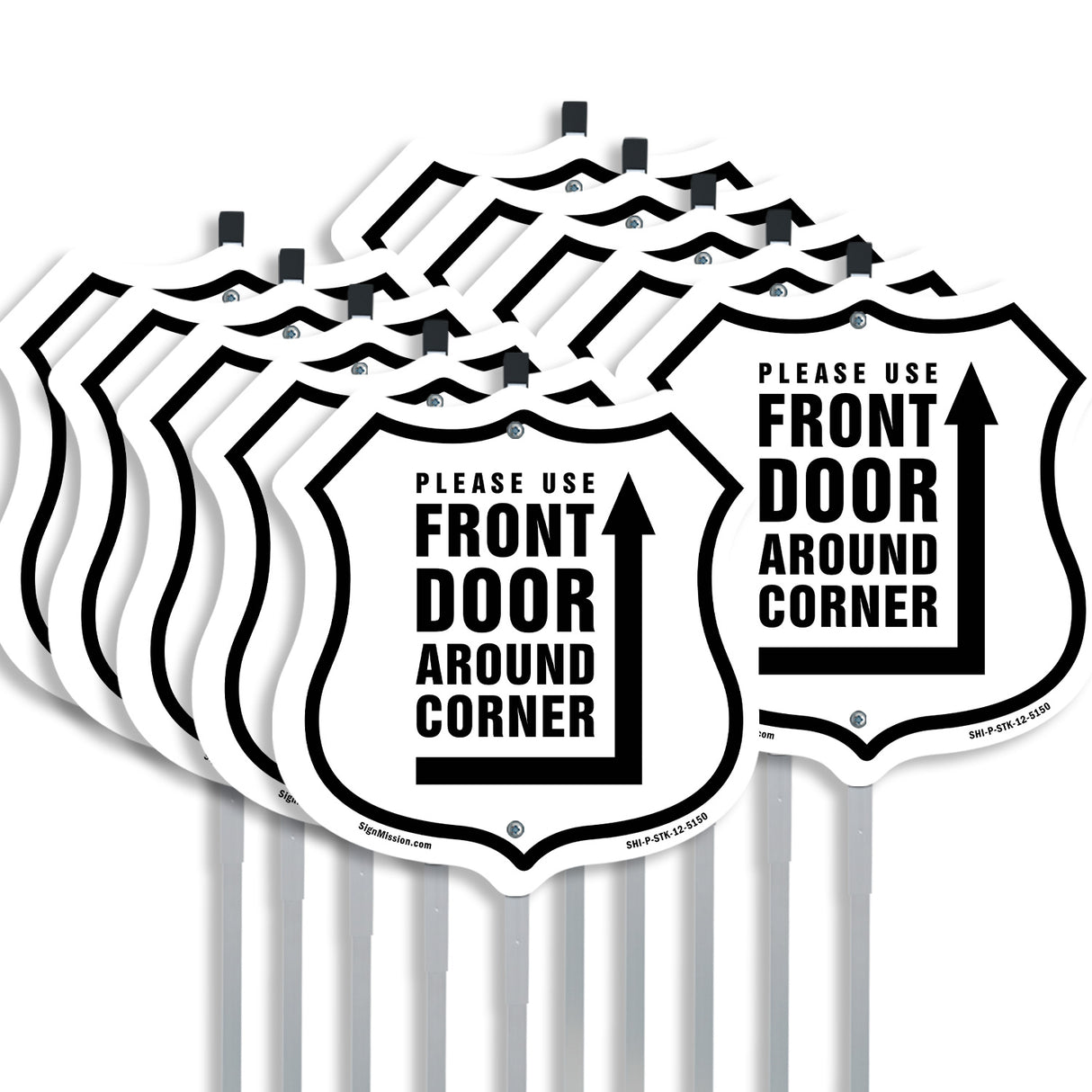 Please Use Front Door Around Corner Left Up Arrow