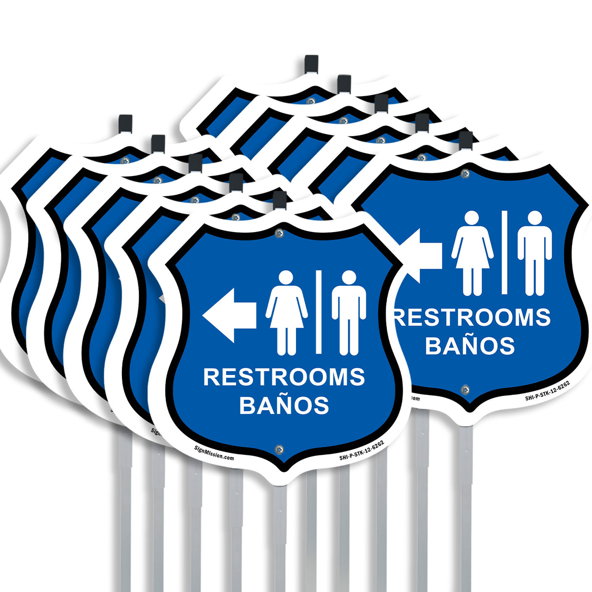 Restrooms Baños Left Arrow Bilingual English / Spanish