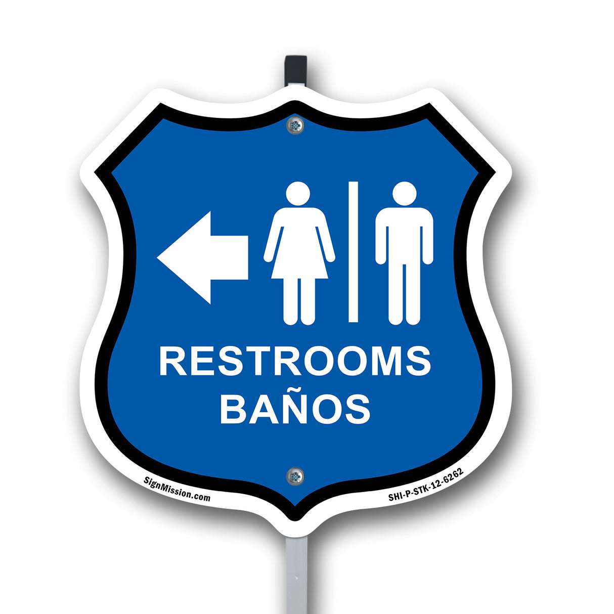 Restrooms Baños Left Arrow Bilingual English / Spanish