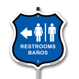 Restrooms Baños Left Arrow Bilingual English / Spanish