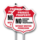 Private Property Shield Sign No Hunting Hiking Trespassing Without Written Permission
