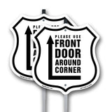 Please Use Front Door Around Corner Right Up Arrow