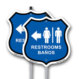 Restrooms Baños Left Arrow Bilingual English / Spanish