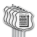 Please Use Front Door Around Corner Left Up Arrow