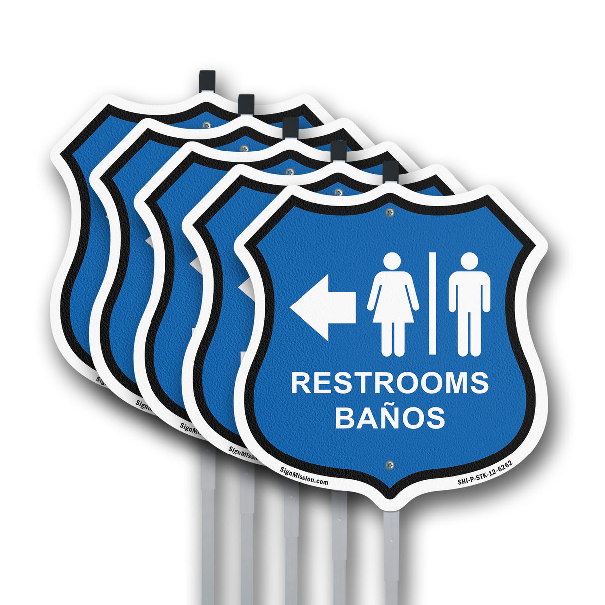 Restrooms Baños Left Arrow Bilingual English / Spanish