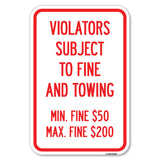 R7-8f Violators Subject to Fine and Towing Min. Fine $50 Max Fine $200