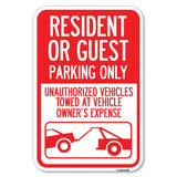 Parking Restriction Sign Resident or Guest Parking Only, Unauthorized Vehicles Towed at Owner Expense with Graphic