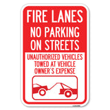 Fire Lanes, No Parking on Streets, Unauthorized Vehicles Towed at Owner Expense with Graphic