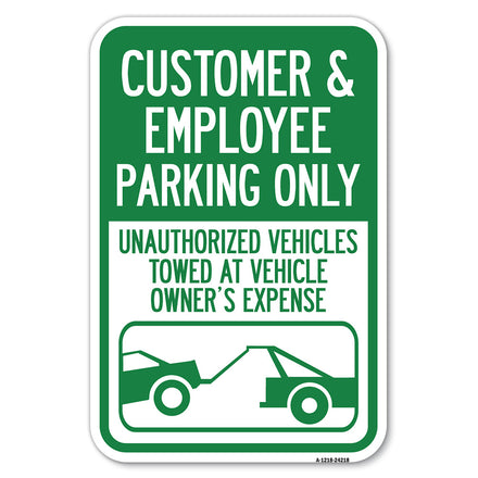 Customer and Employee Parking Only, Unauthorized Vehicles Towed at Owner Expense with Graphic