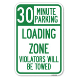 30 Minute Parking, Loading Zone, Violators Will Be Towed