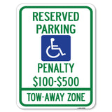 Reserved Parking, Penalty $100 to $500, Tow-Away Zone with Symbol