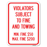 R7-8f Violators Subject to Fine and Towing Min. Fine $50 Max Fine $200