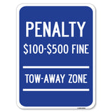 Penalty $100 - $500 Fine Tow Away Zone, Virginia Handicap Supplementary Sign