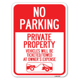 No Parking - Private Property Vehicles Will Be Ticketed Towed at Owner's Expense (With Car Tow Graphic)