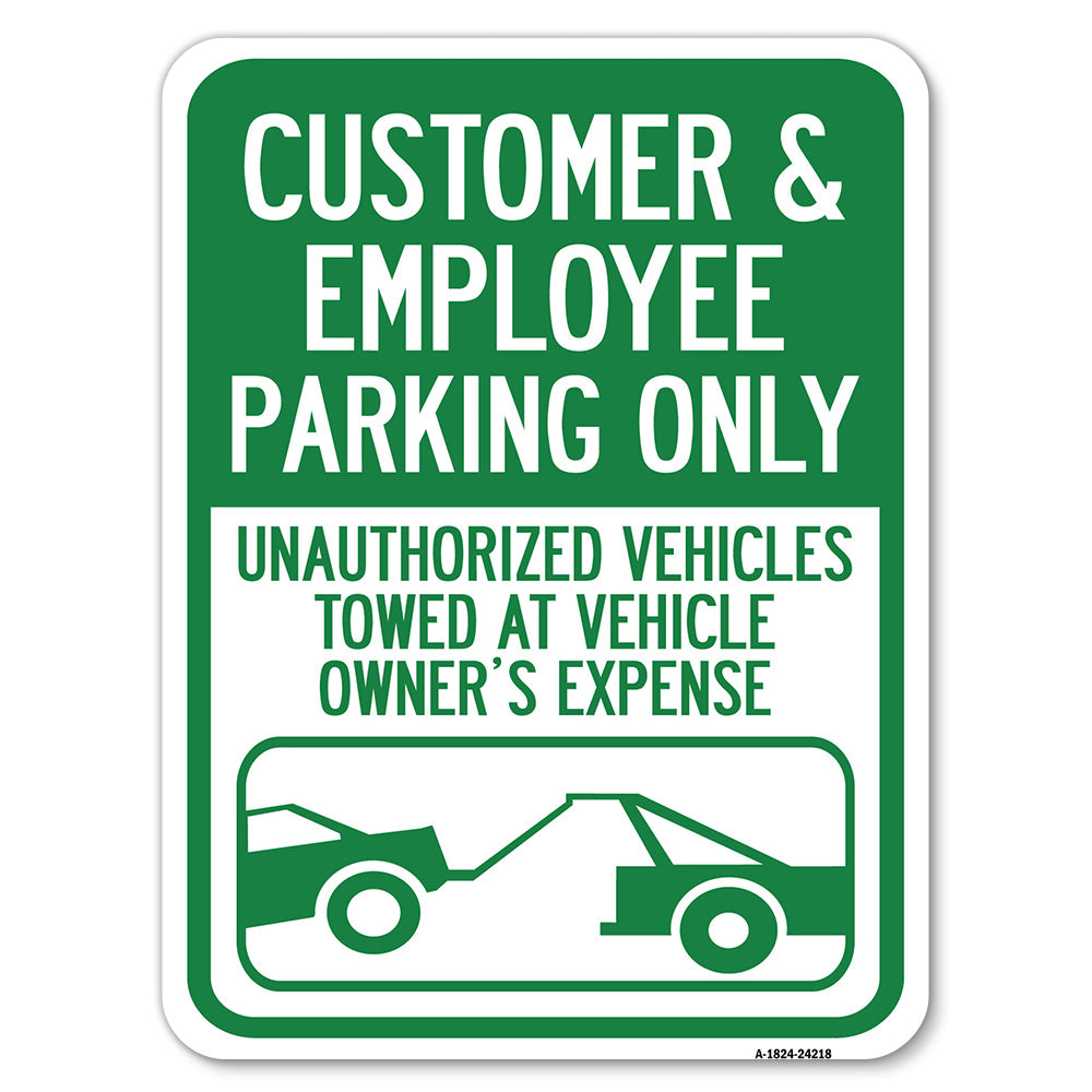 Customer and Employee Parking Only, Unauthorized Vehicles Towed at Owner Expense with Graphic