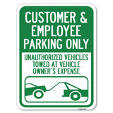 Customer and Employee Parking Only, Unauthorized Vehicles Towed at Owner Expense with Graphic