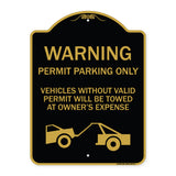 Warning Permit Parking Only Vehicles Without Permits Will Be Towed at Owner's Expense (Tow Truck Symbol)