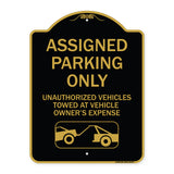 Parking Restriction Sign Assigned Parking Only Unauthorized Vehicles Towed at Owner Expense with Graphic
