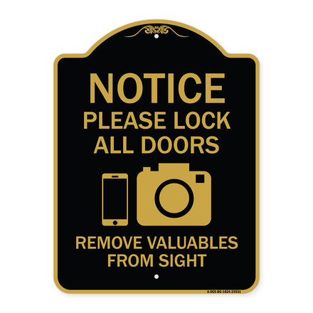 Notice Please Lock All Doors Remove Valuable from Sight (With Cell Phone and Camera Graphic