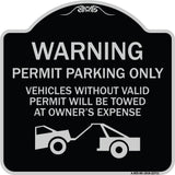Warning Permit Parking Only Vehicles Without Permits Will Be Towed at Owner's Expense (Tow Truck Symbol)