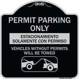 Permit Parking Only - Estacionamiento Solamente Con Permiso. Vehicles Without Permits Will Be Towed (With Car Tow Graphic)