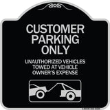 Customer Parking Only Unauthorized Vehicles Towed at Owner Expense with Graphic