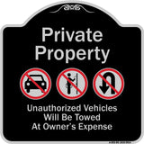 Private Property Unauthorized Vehicles Towed No Cars No Solicitors No Turn Around Symbols