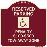 Reserved Parking Penalty $100 to $500 Tow-Away Zone with Symbol