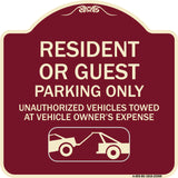 Parking Restriction Sign Resident or Guest Parking Only Unauthorized Vehicles Towed at Owner Expense with Graphic