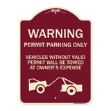 Warning Permit Parking Only Vehicles Without Permits Will Be Towed at Owner's Expense (Tow Truck Symbol)