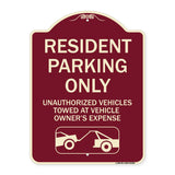 Parking Restriction Sign Resident Parking Only Unauthorized Vehicles Towed at Owner Expense with Graphic