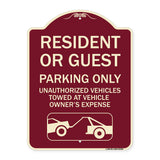 Parking Restriction Sign Resident or Guest Parking Only Unauthorized Vehicles Towed at Owner Expense with Graphic