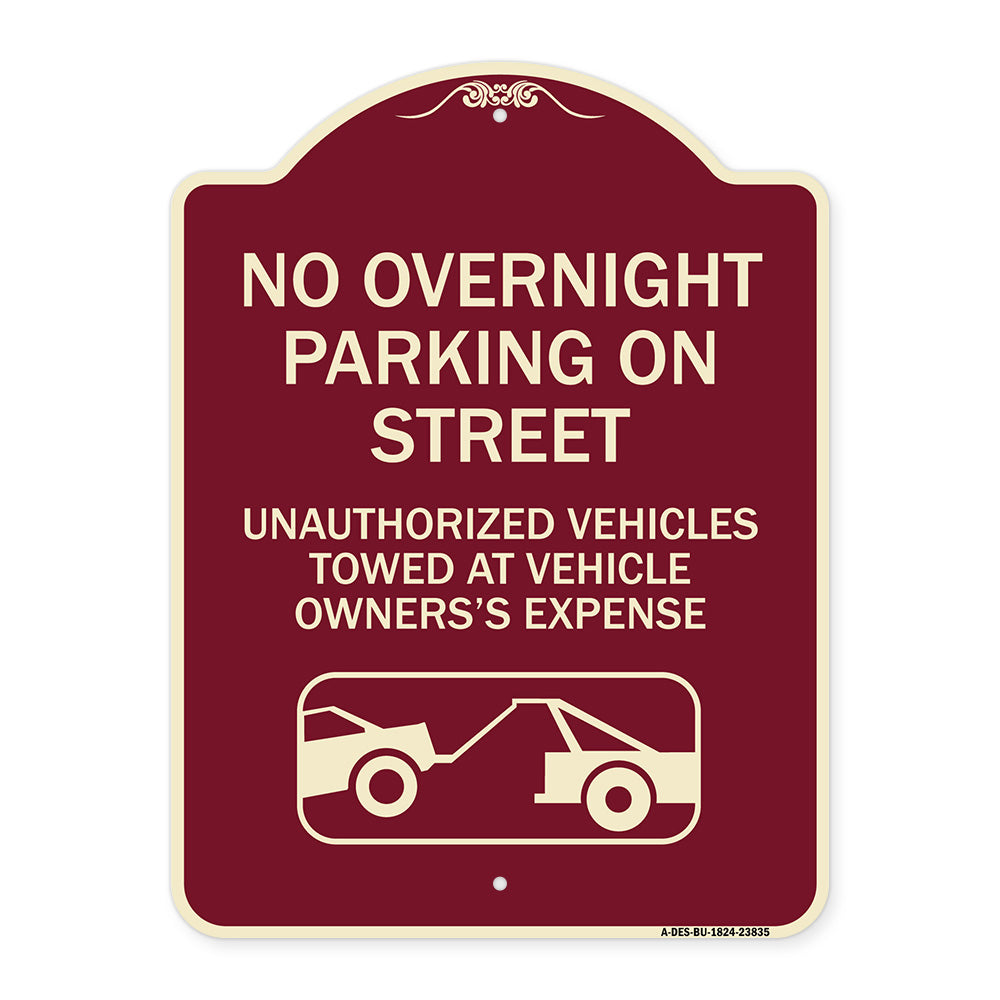 No Overnight Parking on Street Unauthorized Vehicles Towed at Vehicle Owner's Expense (With Car Tow Graphic)