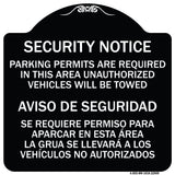 Parking Permits Are Required in This Area Unauthorized Vehicles Will Be Towed Aviso De Seguridad - Se Requiere Permiso Para Aparcar