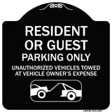 Parking Restriction Sign Resident or Guest Parking Only Unauthorized Vehicles Towed at Owner Expense with Graphic