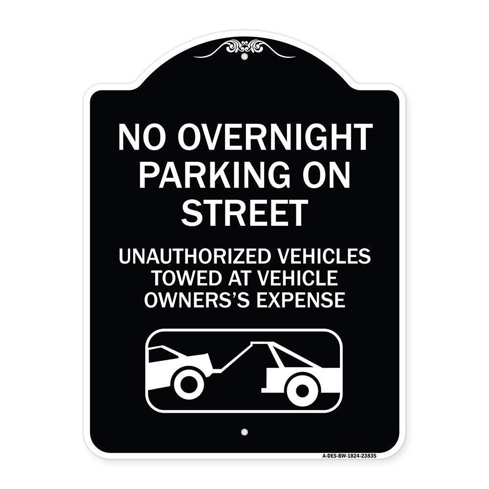 No Overnight Parking on Street Unauthorized Vehicles Towed at Vehicle Owner's Expense (With Car Tow Graphic)