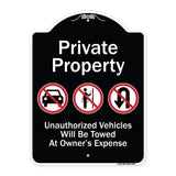 Private Property Unauthorized Vehicles Towed No Cars No Solicitors No Turn Around Symbols