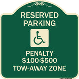 Reserved Parking Penalty $100 to $500 Tow-Away Zone with Symbol