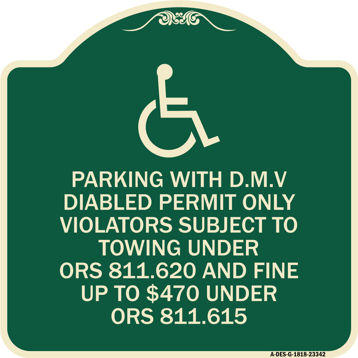 Parking with D.M.V Disabled Permit Only Violators Subject to Towing Under Ors 811.620 and Fine Under ORS 811.615