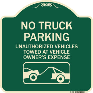 No Parking Sign No Truck Parking Unauthorized Vehicles Towed at Vehicle Owner's Expense (With Car Tow Graphic