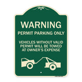 Warning Permit Parking Only Vehicles Without Permits Will Be Towed at Owner's Expense (Tow Truck Symbol)