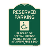 Reserved Parking Placard or Special License Plates Required Maximum Fine $500 (Handicapped Symbol)