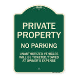 Private Property No Parking Unauthorized Vehicles Will Be Ticketed Towed at Owner's Expense (Reflective Aluminum)