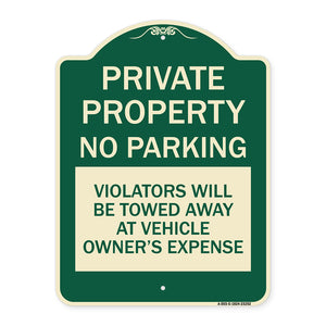 Private Property - No Parking Violators Will Be Towed Away at Vehicle Owner's Expense
