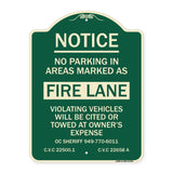 No Parking in Areas Marked as Fire Lane CVC Section 22500.1 and 22658 A